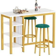 two stools and a table with wine bottles on the top one is green, while the other is white