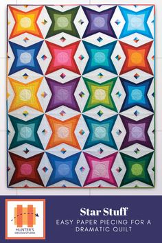 the star stuff easy paper piece quilt pattern is shown in bright colors and has an intricate design