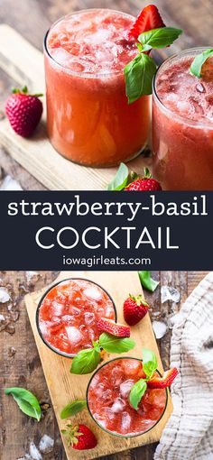 strawberry basil cocktail in glasses with strawberries on the side