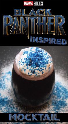 black panther inspired cocktail with blue and white sprinkles on the top, next to an image of captain america