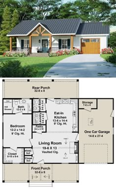 two story house plans with garage and living room on the first floor, one car garage is