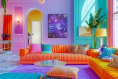 a living room filled with colorful couches and pillows on top of purple rugs