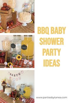 bbq baby shower party ideas with sunflowers, apples and popcorn on the table