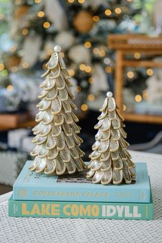 two small christmas trees sitting on top of a book