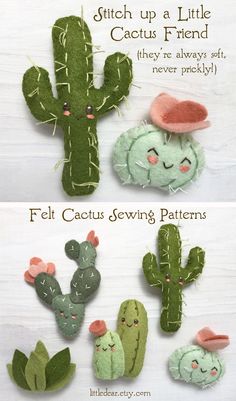 three different pictures of cactuses with hats on them, one is green and the other has