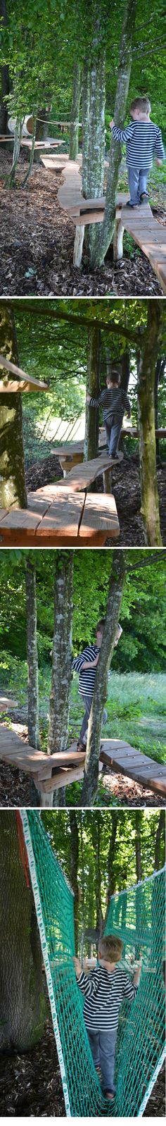 three different pictures of a hammock in the woods