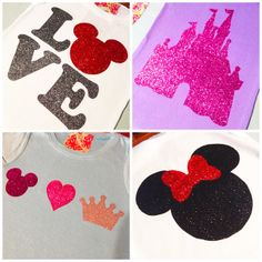 four different t - shirts with mickey and minnie mouse silhouettes on them