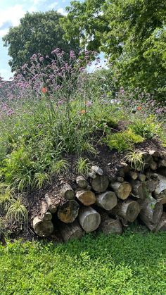 a pile of logs sitting on top of a lush green hillside next to trees and flowers