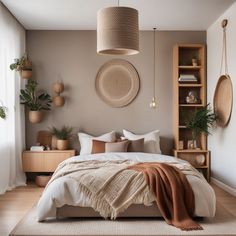 a bedroom with a large bed and lots of potted plants