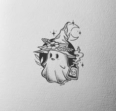 a black and white drawing of a ghost with a bottle on it's head