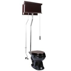 a black toilet sitting next to a metal pole with a brown cover on it's side