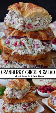 cranberry chicken salad sandwich is stacked on top of each other