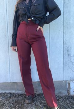 Such a beautiful color in these! Vintage 70's JC Penny Polyester Pants. Burgundy is a favorite of mine. Perfect for fall as well! No flaws found. . Measurements: Waist - 13 1/2" Rise -12" Hips - 19* Inseam - 32 1/2" Retro Wide Leg Pants For Fall, Burgundy Workwear Bottoms With Pockets, Burgundy Straight Pants For Workwear, Burgundy Straight Pants For Work, Burgundy Full-length Pants For Work, Burgundy Straight Work Pants, Burgundy Full Length Workwear Pants, Burgundy Full Length Work Pants, Retro Wide Leg Bottoms For Fall