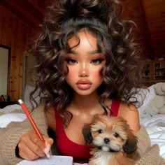 a woman with curly hair sitting on a bed holding a dog and writing in a notebook