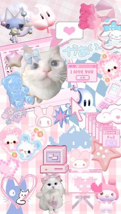 a white cat surrounded by pink and blue stickers