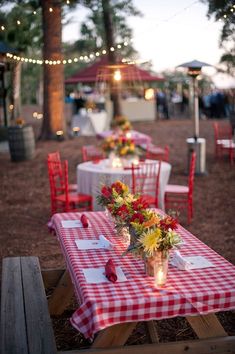 a collage of photos with red and white tables set up for an outdoor party