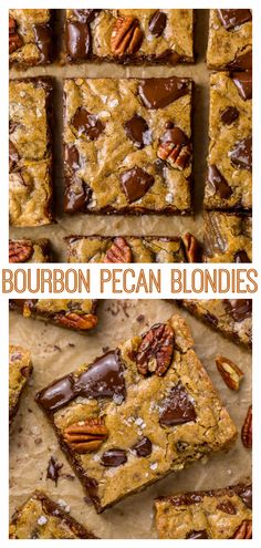 bourbon pecan blondies cut into squares and stacked on top of each other with pecans in the middle