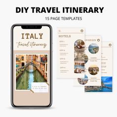 a phone with the text diy travel itinerary 15 page templates on it