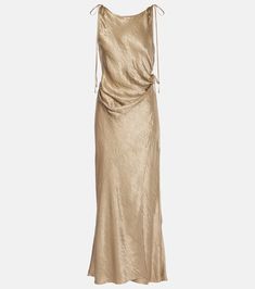 Satin midi dress in green - Acne Studios | Mytheresa 1920s Inspired Dresses, Coktail Dress, Satin Ruffle Dress, Midi Dress Style, Color Cafe, Satin Midi Dress, Green Midi Dress, Metallic Dress, Gold Dress