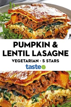 pumpkin and lentil lasagne recipe on a plate with the title overlay