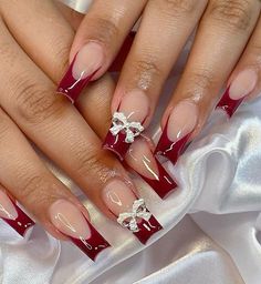 Red Nail With White French Tip, White And Dark Red Nails, Red French Tip Acrylic Nails With Rhinestones, Hoco Nails To Match A Red Dress, Elegant Red Nails Design Classy, Sweet 16 Nails Acrylic Red, Red Nails Acrylic Homecoming, Red Nail Set Prom, Nail Ideas Red And Gold