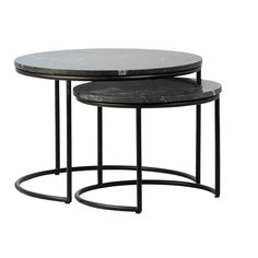 two tables with black marble top and metal base, one on the other end table