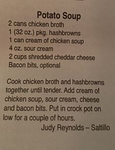 a menu listing the ingredients for potato soup