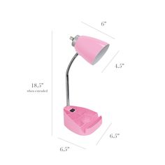 a pink desk lamp with measurements for the base and light bulb on it's side