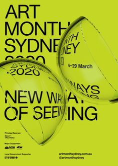 the poster for art month sydney is shown in black and white, with neon green background