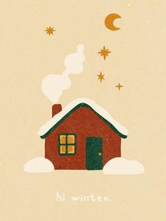 a red house with snow on the roof and stars in the sky above it that reads hi winter