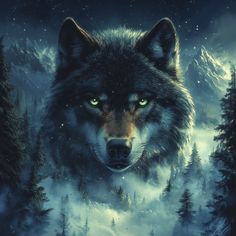 a wolf with green eyes standing in front of a forest filled with trees and snow