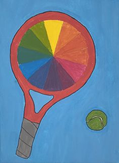 a painting of a tennis racquet and ball on a blue background with the colors of the rainbow