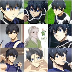 the many faces of an anime character with blue eyes and black hair, in different poses