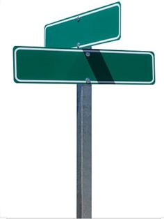 two green street signs sitting next to each other on top of a metal pole in front of a white background