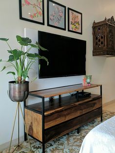 a flat screen tv mounted to the side of a wall next to a plant in a pot