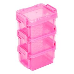 three pink plastic storage containers stacked on top of each other with lids and dividers