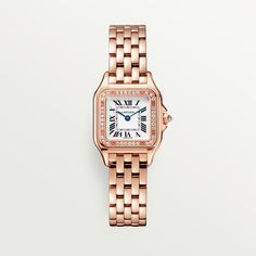 Cartier - Panthère de Cartier watch - Watch Gold - Panthère de Cartier watch, small model, quartz movement. Case in 18K rose gold (750/1000) set with brilliant-cut diamonds, dimensions: 22 mm x 30 mm, thickness: 6 mm, crown set with a diamond, silvered dial, blued-steel sword-shaped hands, 18K rose gold (750/1000) bracelet. Water-resistant to 3 bar (approx. 30 meters). Non-contractual photo (the length of the watch strap may vary slightly). Cartier Panthere, Gold Watches Women, Bracelet Love, Cartier Watch, Forever Jewelry, Rose Gold Bracelet, Two Tone Watch, Gold Case, Gold Set