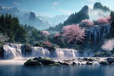 the waterfall is surrounded by trees and rocks, with pink flowers on it's banks