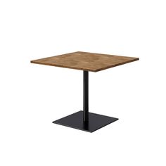 a square wooden table with black metal base on an isolated white background, viewed from the front