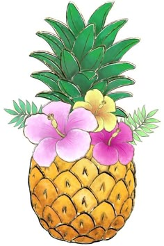 a drawing of a pineapple with flowers on it