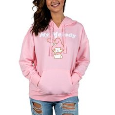 Look as cute as your favorite Sanrio character in this adorable cosplay hoodie. This awesome hoodie comes in My Melody's signature pink and showcases a vibrant graphic of her on the front. The hood has attached pink 3D replica bunny ears and a blue bow just like My Melody for extra fun! This comfy hooded sweatshirt is made of high-quality, premium polyester and cotton materials to keep you warm and cozy in cold weather, and is professionally printed to ensure long-lasting color and print quality Kawaii Hooded Sweatshirt With Cartoon Print, Pink Harajuku Hoodie With Drawstring, Kawaii Cotton Hoodie With Cartoon Print, Kawaii Hoodie Sweatshirt With Drawstring, Cotton Kawaii Hoodie With Cartoon Print, Kawaii Streetwear Hoodie, Cute Anime Print Hoodie For Streetwear, Pink Kawaii Hoodie With Drawstring Hood, Pink Kawaii Hoodie Sweatshirt