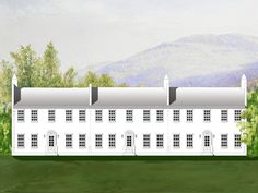 a drawing of a white house with mountains in the background