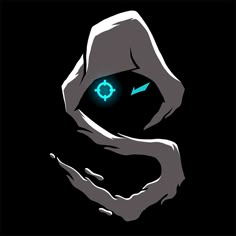 an eyeball in the shape of a hand with glowing blue eyes on black background