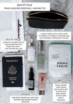 the contents of a travel bag laid out on a marble counter top with information about it