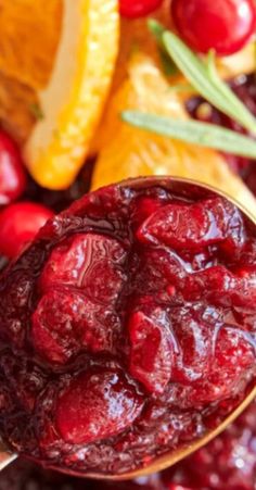 cranberry sauce on a spoon with oranges and other fruit in the background