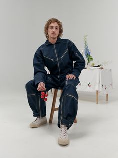 A free volume male jumpsuit with a straight silhouette has a cut-off below the waistline by 6,0 cm, and is with sleeves. Trendy sewing pattern Jumpsuit Man, Male Jumpsuit, Romper Men, Two Princess, Overlock Machine, Trendy Sewing Patterns, Trendy Sewing, Jumpsuit Men, Jumpsuit Pattern