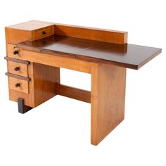 a wooden desk with two drawers on each side and one drawer at the top that is open