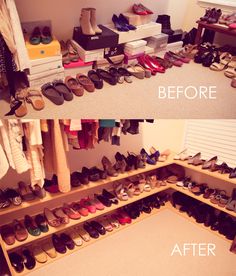 before and after photos of a closet with shoes on the floor, in front of an open shoe rack