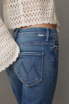 78% cotton, 16% modal, 4% polyester, 2% elastane Five-pocket styling Front zip USA | The Weekender Mid-Rise Flare Jeans by MOTHER in Blue, Women's, Size: 30, Polyester/Cotton/Elastane at Anthropologie Mothers Jeans Denim, Wide Leg Jeans Outfit, Mid Rise Flare Jeans, Mother Denim, Denim Details, How To Style, Jean Outfits, Wide Leg Jeans, Flare Jeans