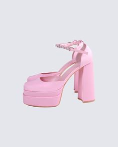 Heels high, standards higher 🎀 Perfect for both a sweet, and flirty look or a sultry, and sexy look - these pink platform heels are the perfect statement piece to finish off your look in the most iconic way 💗 Pink Platform Heels, Pink Platform, Pink Platforms, Heels High, Pink Heels, White Jersey, Platform Heel, High Standards, Mini Wrap Dress